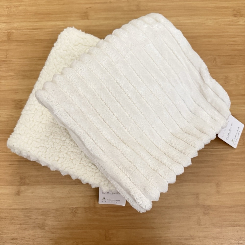NEW 2 Pottery Barn Set Of Faux Fur Mink Striped Pillow Cover 20x20 Ivory Cream